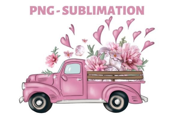 Car with Hearts Truck with Flowers Graphics & Illustrations