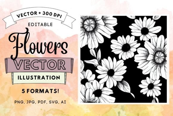 Flowers Black white Vector Illustration for Graphics and Illustrations