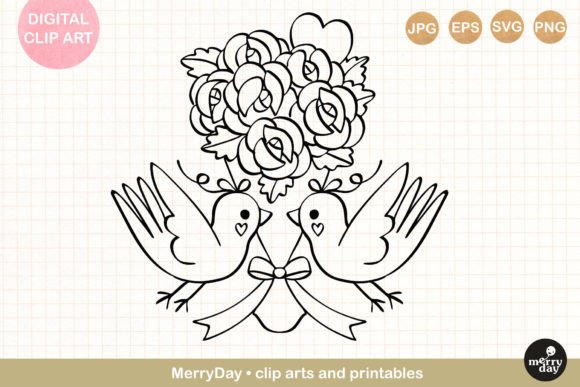 Love Birds with Roses Bouquet Line Art: Premium Graphics for Brand Illustrations