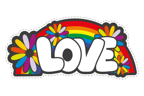 Love Sticker with Rainbow and Flowers. B Graphics