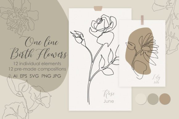 One Line Birth Flowers Drawing: Elegant Graphics for Crafters