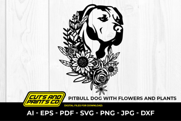 Pitbull Dog with Flowers and Plants SVG: Graphics for Print Templates