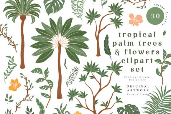 Tropical Palm Trees Flowers Clipart: Graphics & Illustrations for Warm Branding